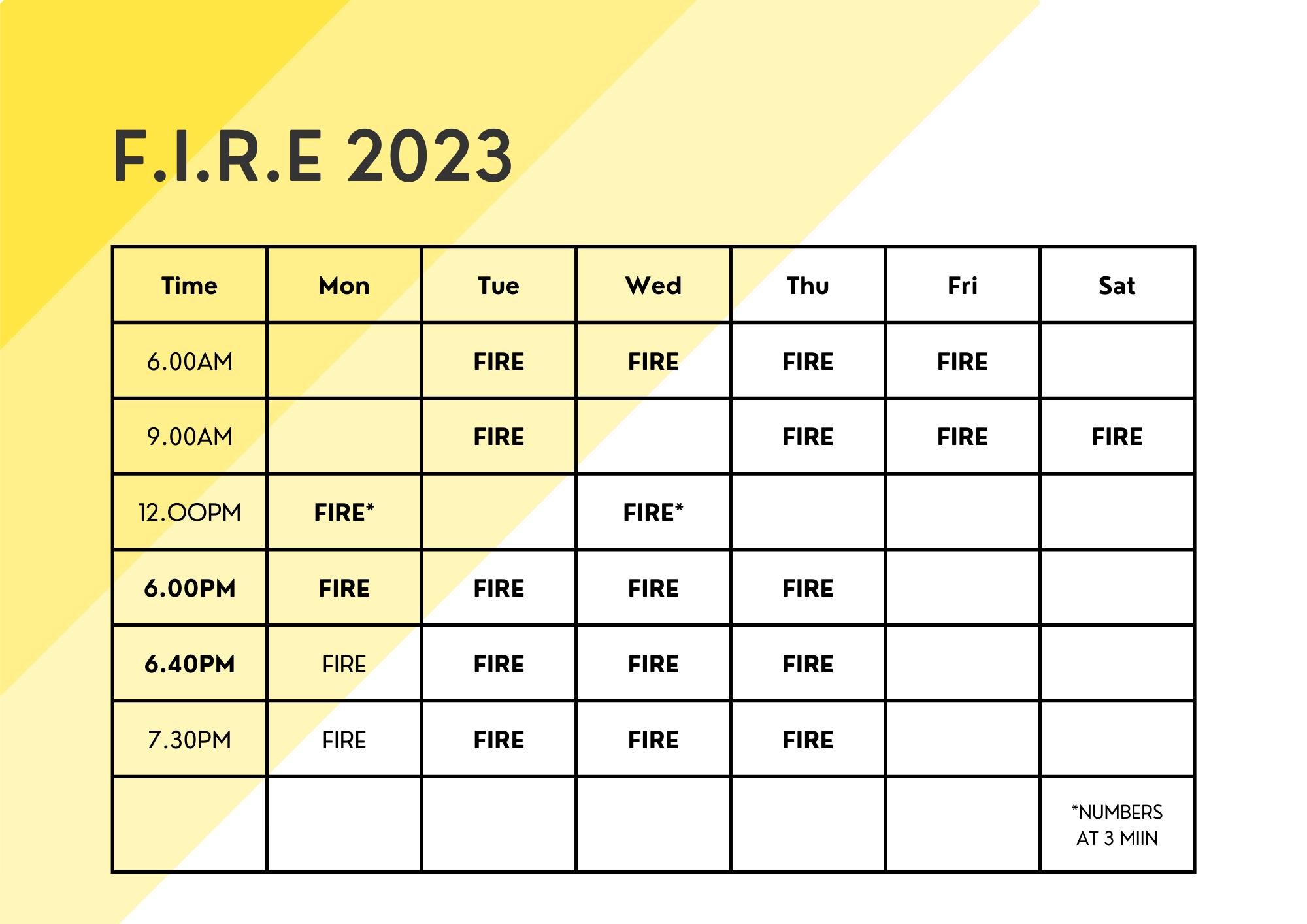 FIRE Time Table for 2023